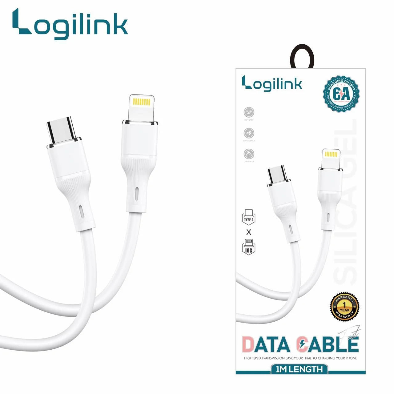 LOGILINK TYPE C TO LIGHTNING SILICONE FAST CHARGING DATA CABLE 1M (1 YEAR WARRANTY)
