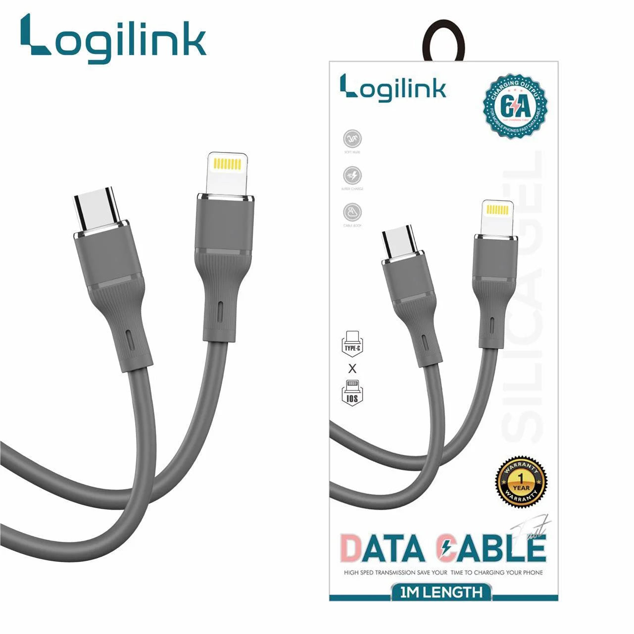 LOGILINK TYPE C TO LIGHTNING SILICONE FAST CHARGING DATA CABLE 1M (1 YEAR WARRANTY)