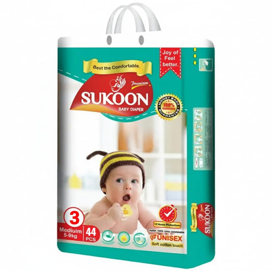 Sukoon Premium Baby Diapers – Size 3 Medium (5–9 kg, 44 Pcs)